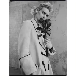 Monochrome portrait of a young male model holding a small bunch of roses while wearing a piped light coat by Tomo Brejc.
