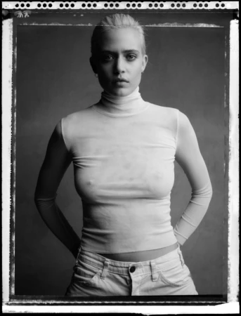 Portrait of a blonde woman wearing a fitted white turtleneck top against a plain studio background.