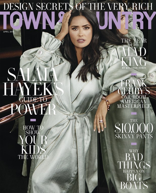 Magazine cover featuring Salma Hayek in a sage-green robe, posing against a reflective surface, with the 'Town & Country' title.