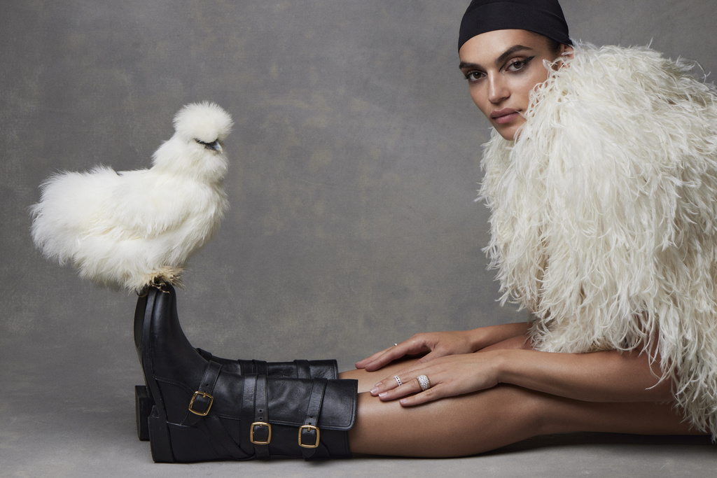 Model with silkie chicken perched on black boots in a studio setting, wearing a feather boa and headscarf with dramatic makeup.