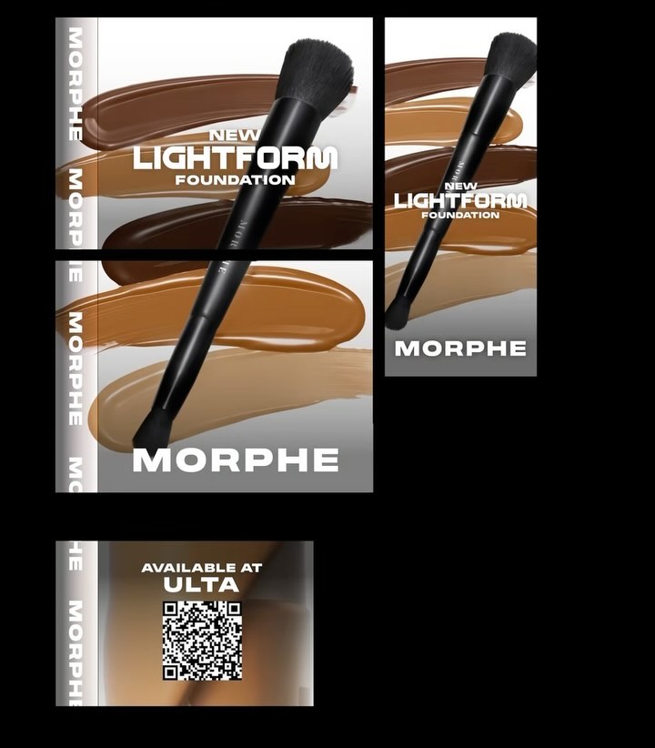 Morphe Lightform Foundation advertisement featuring a makeup brush, swatches of foundation, the Morphe logo, and a QR code.