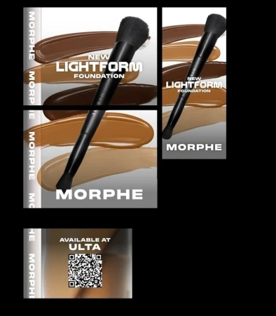 Morphe Lightform Foundation advertisement featuring a makeup brush, swatches of foundation, the Morphe logo, and a QR code.