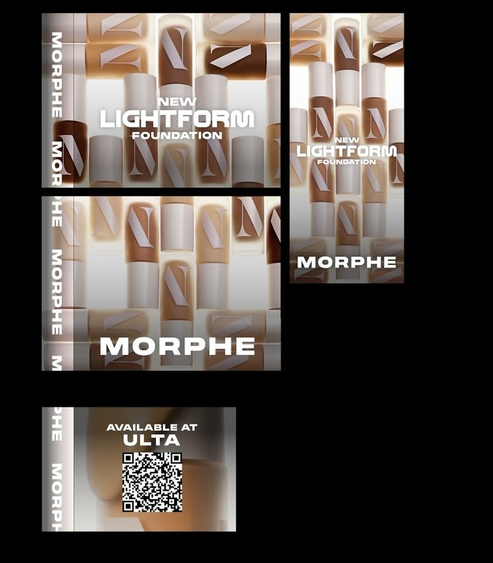 Cosmetic advertisement featuring Morphe Lightform foundation bottles in a variety of skin tones on a pale surface, with prominent branding.