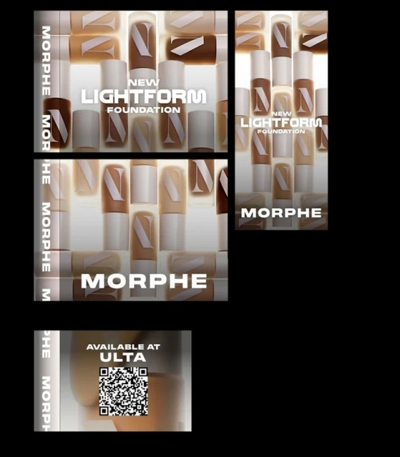 Cosmetic advertisement featuring Morphe Lightform foundation bottles in a variety of skin tones on a pale surface, with prominent branding.