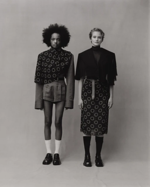 Two fashion models in studio, one Black woman with afro and one White woman with short blonde hair, wearing patterned skirts and jackets.