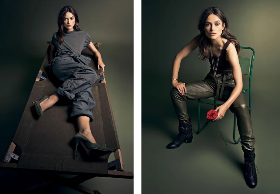 Two portraits of Keira Knightley. On the left, she is seated on a wood frame wearing an oversized gray jumpsuit. On the right, she is sitting on a metal chair wearing green leather pants and holding a rose.