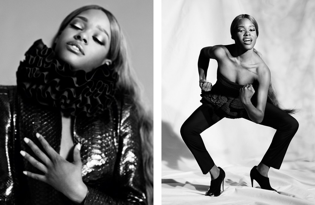 Black and white portrait showcasing an African-American woman in fashionable attire, captured in dynamic poses against a minimalist background.