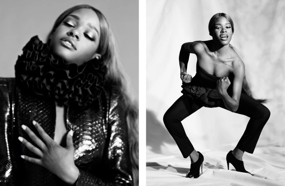 Black and white portrait showcasing an African-American woman in fashionable attire, captured in dynamic poses against a minimalist background.