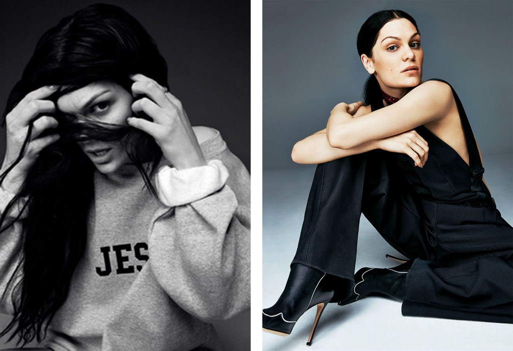 Two black-and-white studio portraits of Jessie J: one wearing a grey sweatshirt; another in a black jumpsuit and stiletto boots.