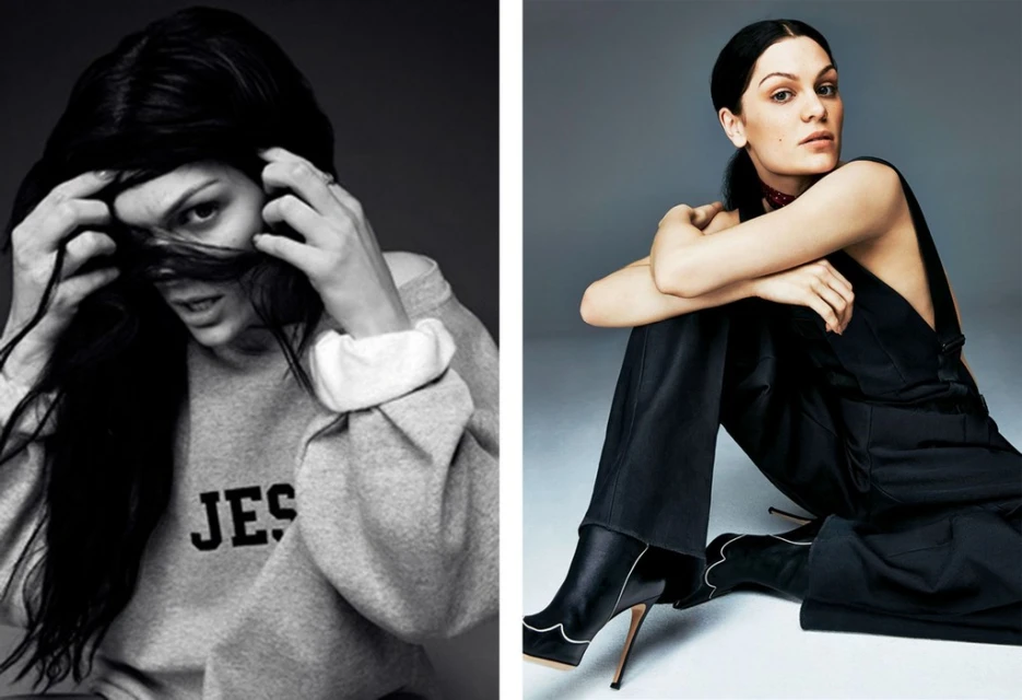 Two black-and-white studio portraits of Jessie J: one wearing a grey sweatshirt; another in a black jumpsuit and stiletto boots.
