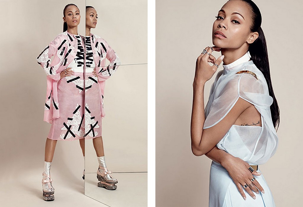Fashion editorial shot of Zoe Saldana wearing designer dresses and platform heels, posing in a light studio with mirrors and neutral backdrop.