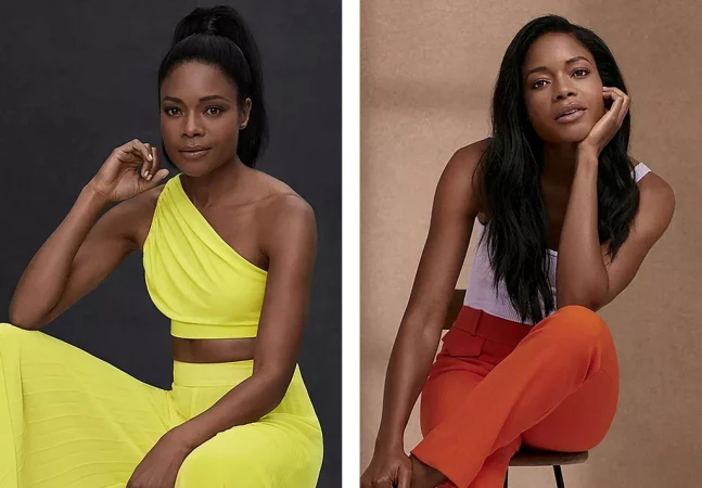 Diptych of a Black woman styled by Natalie Hartley, wearing bright yellow and orange outfits against textured studio backgrounds.