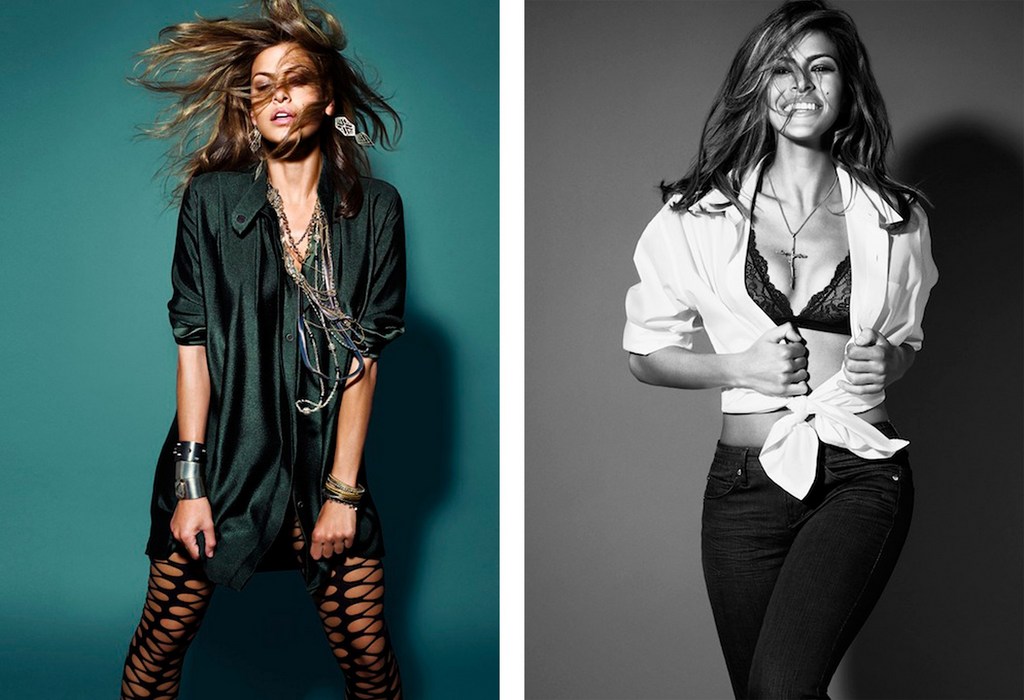 Two side-by-side studio portraits of a woman. On the left, she wears a green shirt dress. On the right, she wears a white shirt and jeans.