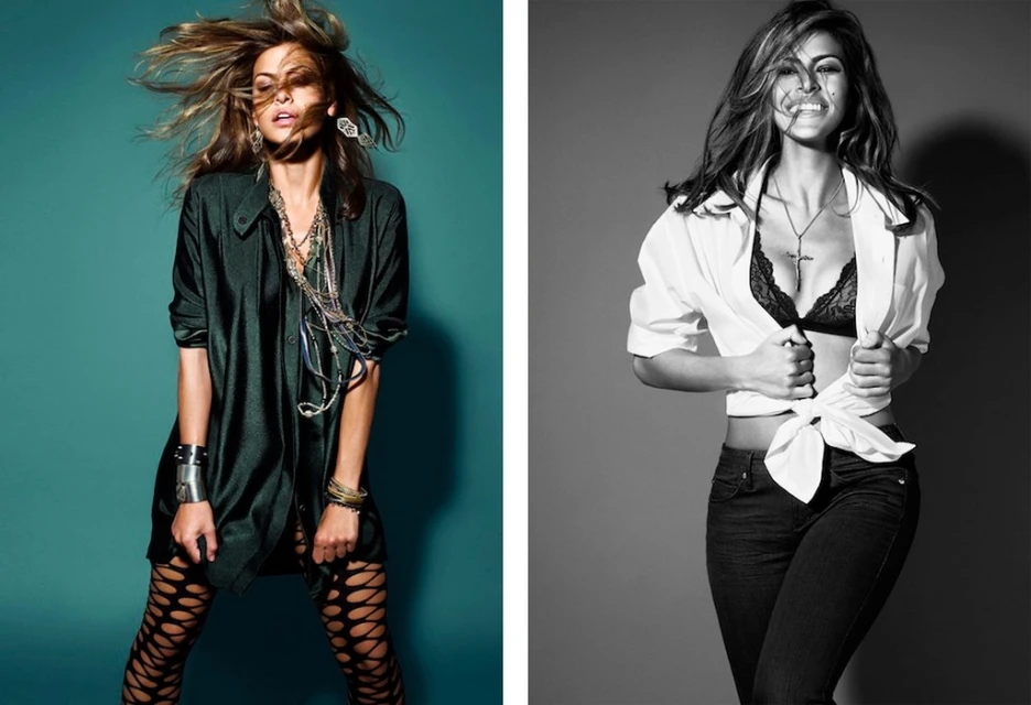 Two side-by-side studio portraits of a woman. On the left, she wears a green shirt dress. On the right, she wears a white shirt and jeans.