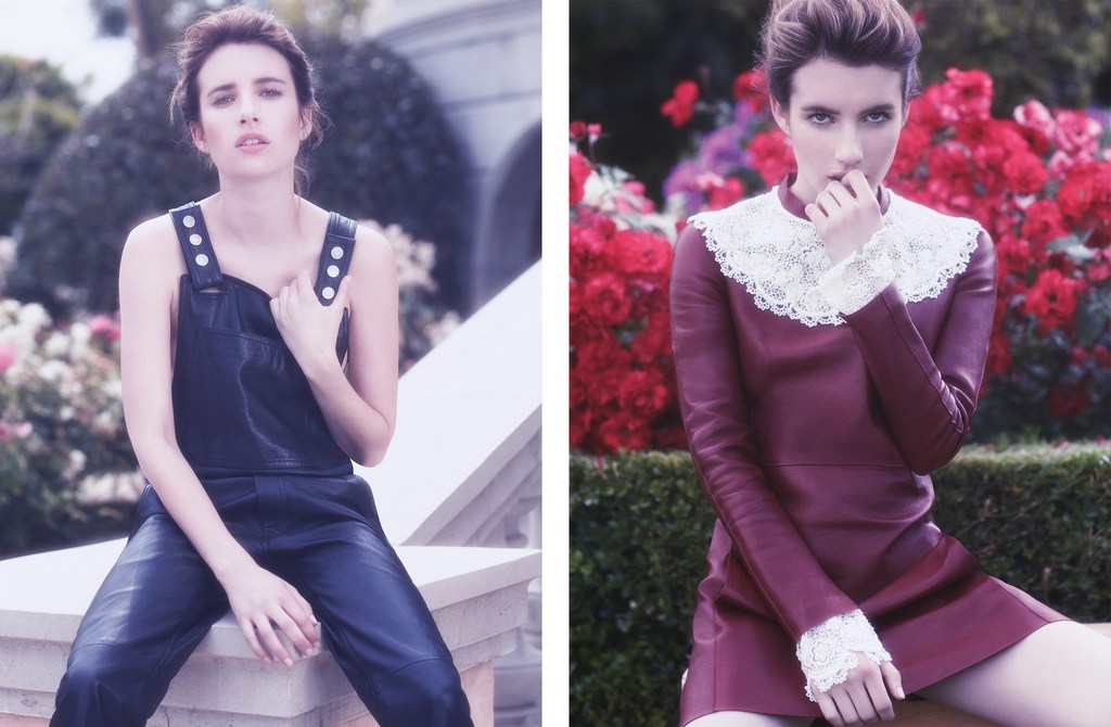 Emma Roberts poses in a split image, wearing a leather overall and a leather dress, in a garden with flowers and green bushes.