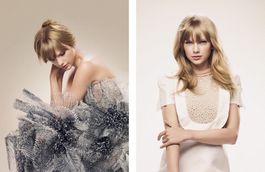 Two portraits of Taylor Swift. On the left, a woman poses in a voluminous dress; on the right, she wears a white dress.