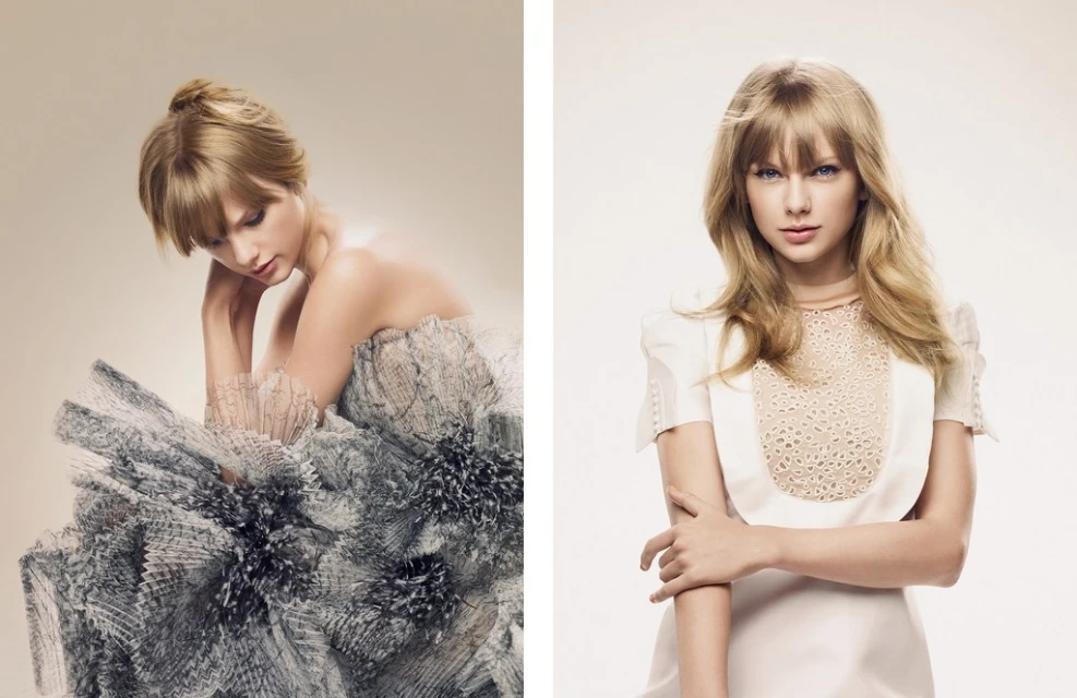 Two portraits of Taylor Swift. On the left, a woman poses in a voluminous dress; on the right, she wears a white dress.