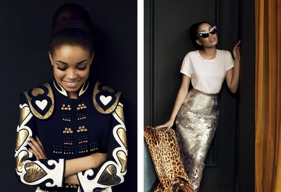 Two women in a side-by-side portrait, one wearing a decorative bolero jacket, the other wearing a t-shirt with a metallic silver skirt.