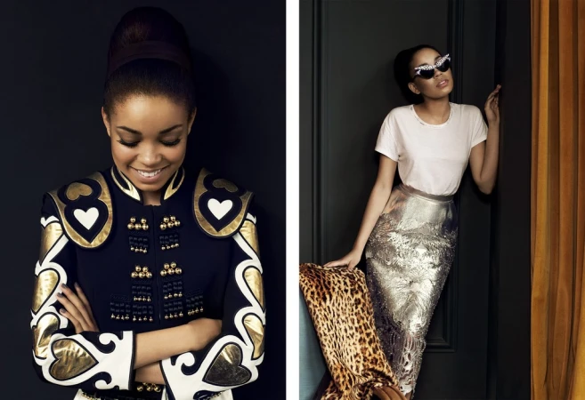 Two women in a side-by-side portrait, one wearing a decorative bolero jacket, the other wearing a t-shirt with a metallic silver skirt.