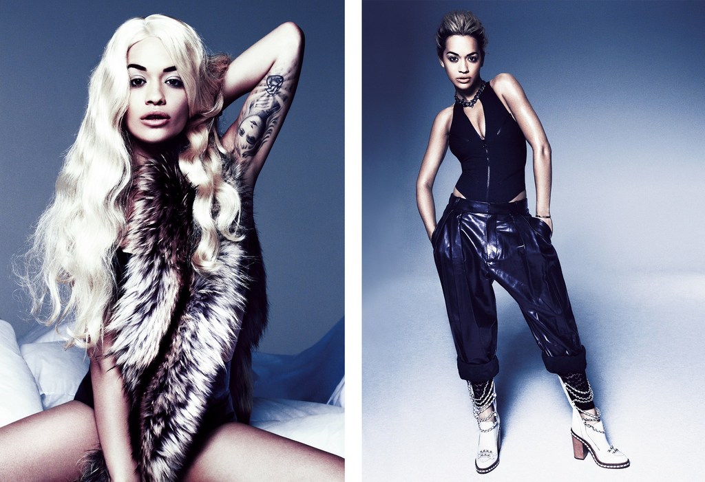 Two studio portraits feature a woman with platinum hair, wearing a fur stole on the left and in a black top and metallic pants on the right.