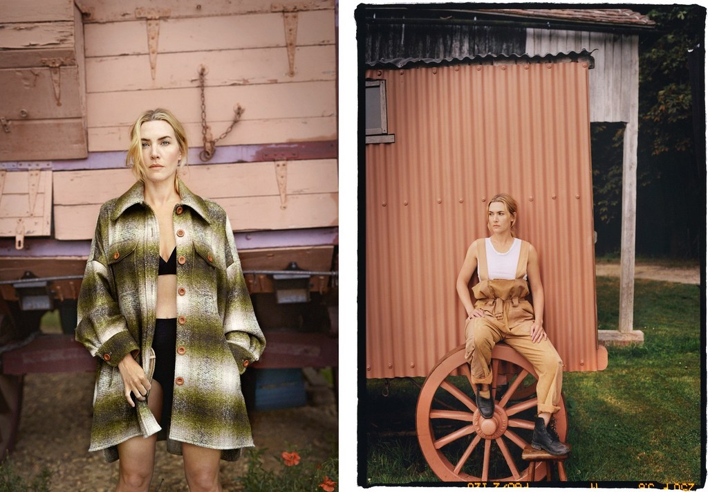Two portraits of Kate Winslet. One standing in front of a pink trailer in a green coat. The other sitting on a wooden wheel in overalls.