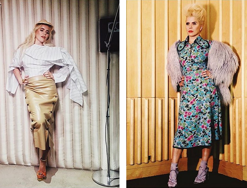Two fashion portraits feature a blonde woman in a white top and tan skirt, and a floral dress with a fur jacket, against textured walls.