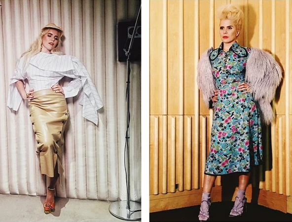 Two fashion portraits feature a blonde woman in a white top and tan skirt, and a floral dress with a fur jacket, against textured walls.