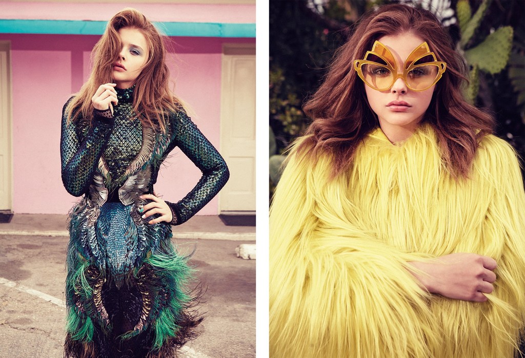 Fashion editorial image of a woman in a blue and green dress and a second woman wearing sunglasses and a yellow fur coat.