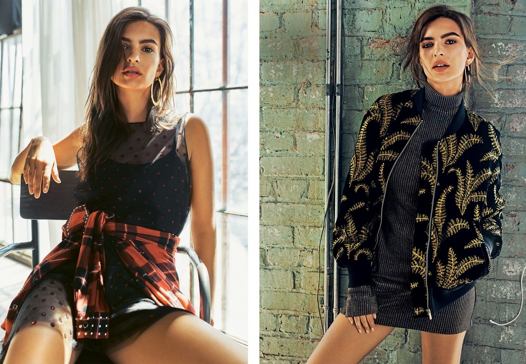 Fashionable woman poses indoors wearing a polka dot dress and bomber jacket in a pair of stylish full-body portraits.