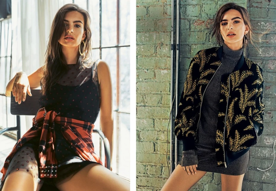 Fashionable woman poses indoors wearing a polka dot dress and bomber jacket in a pair of stylish full-body portraits.