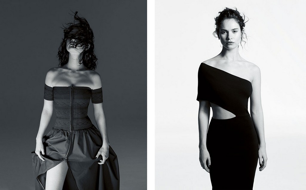 Two women pose in black and white studio fashion editorial. The woman on the left wears an off-the-shoulder dress and the other a cutout dress.