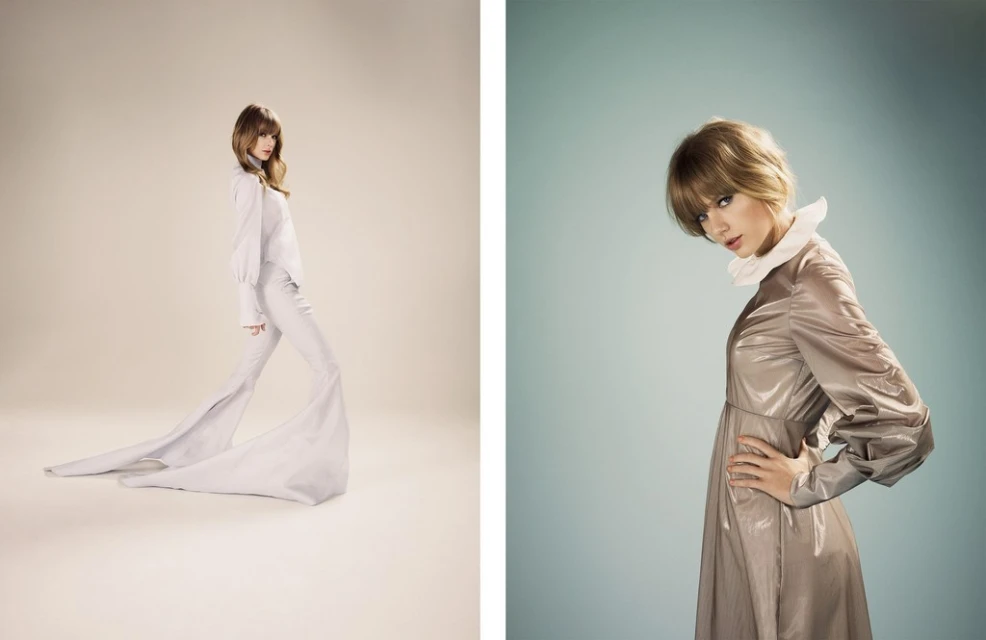 Two portraits of Taylor Swift in retro-inspired dresses against simple studio backdrops, highlighting fashion and celebrity style.