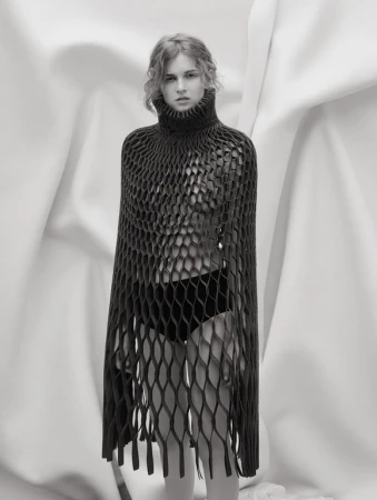 Monochrome portrait of a young woman wearing a black, net-like turtleneck garment, posing in front of draped white fabric backdrop.