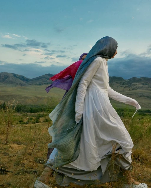 Two women in dresses and headscarves walk through a field. Mountains and a blue sky with a crescent moon are visible in the background.