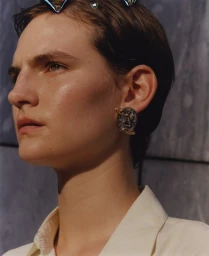 Close-up portrait of a woman with short dark hair wearing a patterned statement earring against a textured stone wall.