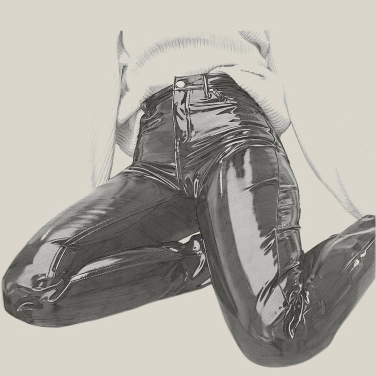 Fashion illustration of a woman wearing a white sweater and shiny black pants, artfully rendered against a light background.