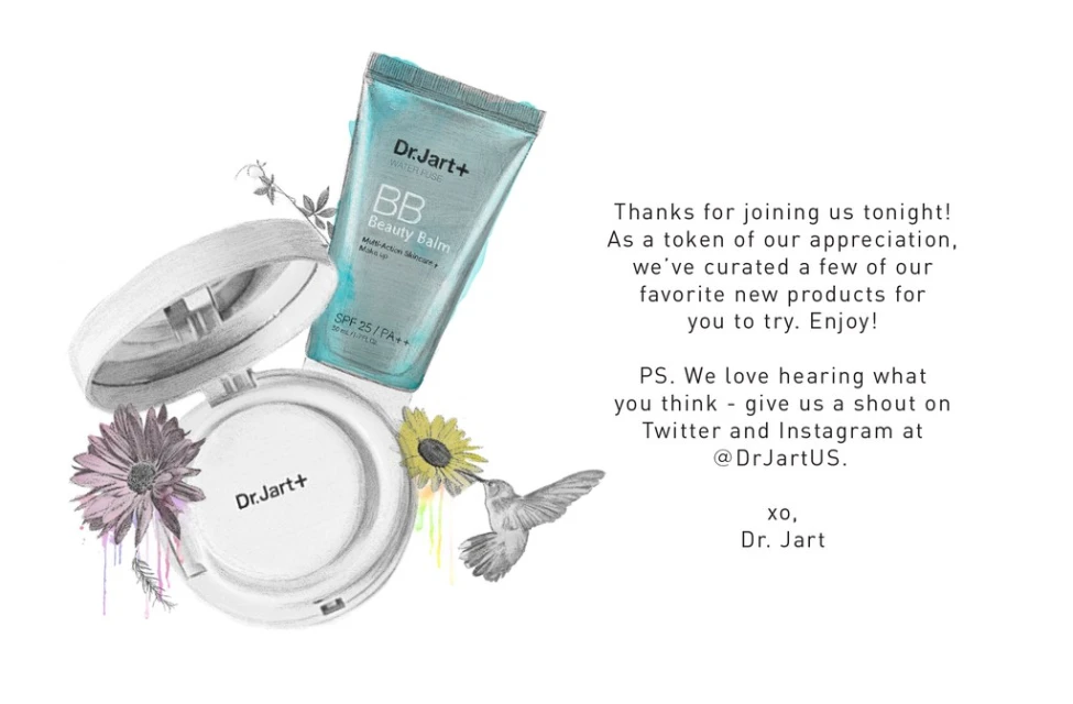 Dr. Jart+ beauty product illustration with BB cream tube, cushion compact, flowers, and a hummingbird against a white backdrop.