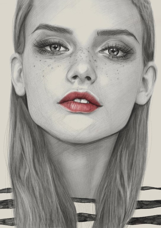 Illustration of a young woman with red lips and freckles, close-up view. She wears a striped shirt, depicted in a sketched art style.