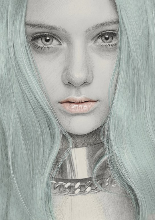 Artistic portrait of a young woman with light blue hair and a metal chain necklace against a neutral background, drawing style illustration.