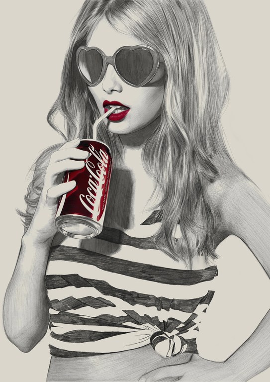 Illustration of a blonde woman drinking Coca-Cola with heart-shaped glasses, striped top, red lipstick, and a can of Coca-Cola.