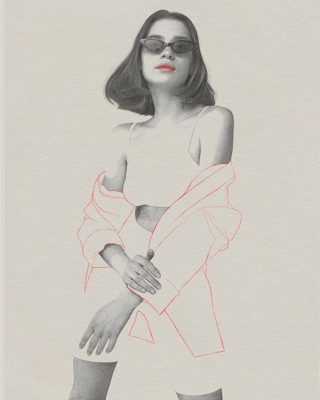 Sketch-style portrait of a young woman in sunglasses and red lipstick, wearing a crop top and jacket, against an off-white background.