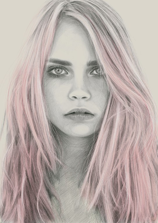 Illustration of a young adult female with pink-highlighted blonde hair looking directly at the viewer in a digitally-created portrait.