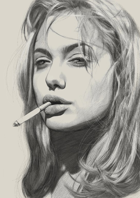 Detailed graphite drawing of a young adult female model with blonde hair, cigarette in mouth, and soft studio lighting on neutral background.