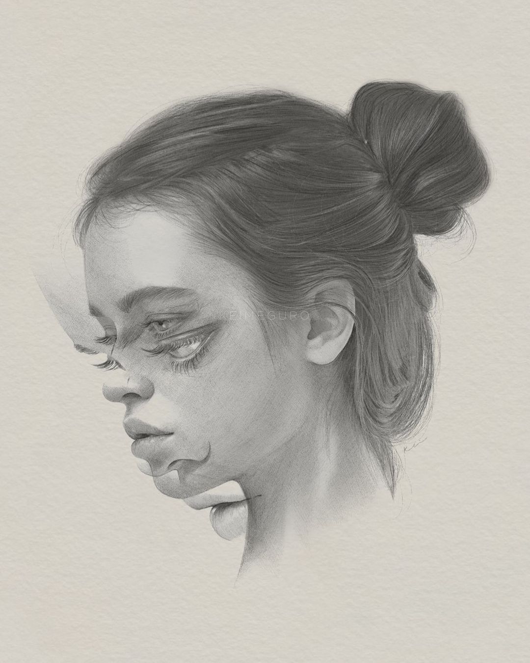 Artistic pencil drawing of a young woman with a bun hairstyle, with a distorted face effect, sketched against a neutral background.