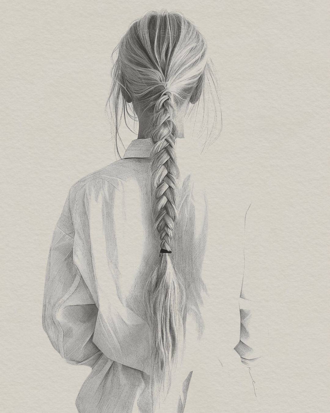 Illustration of a young woman with a long blonde braid, wearing a white shirt, standing against a plain beige background, captured from behind.