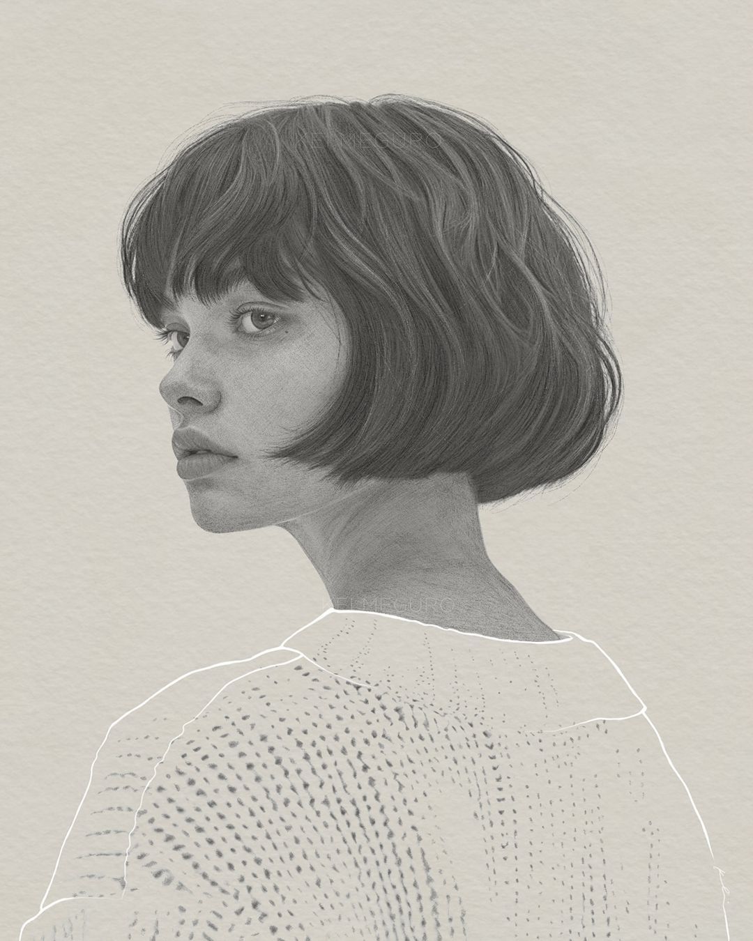 Pencil drawing of a woman in a white sweater, looking over her shoulder with a neutral expression, captured in a portrait style with gray tones.