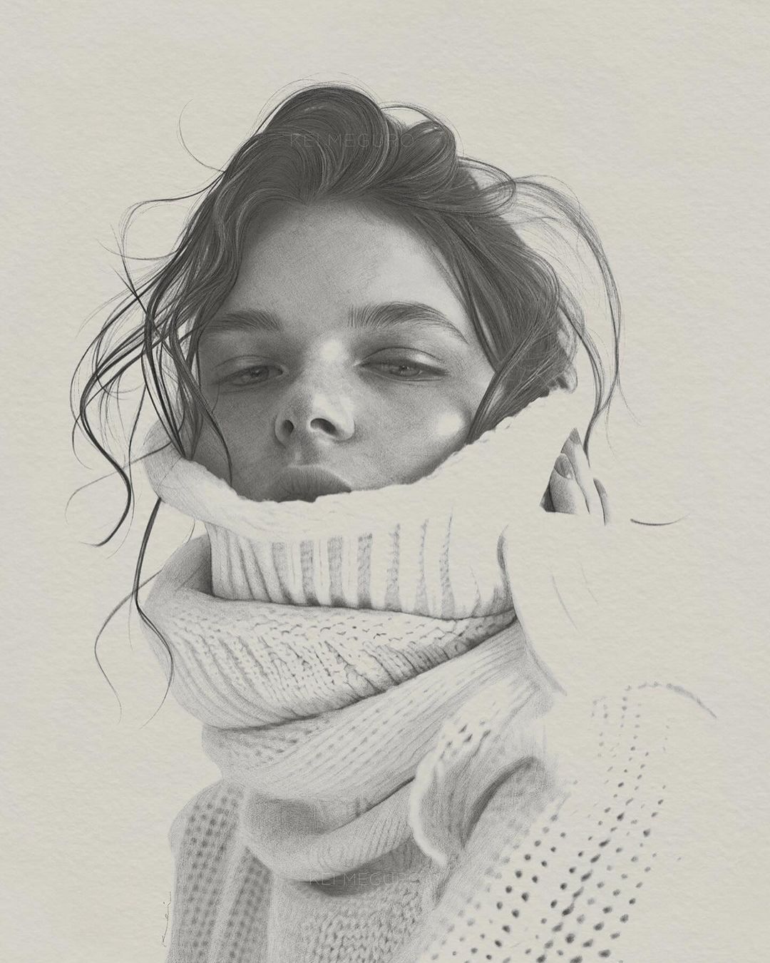 A portrait of a young woman with light skin and dark hair wearing a knitted sweater, captured in a close-up shot with an art style.