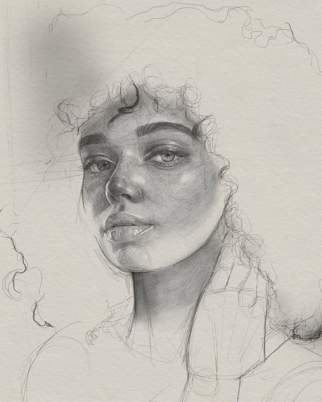 Detailed graphite drawing of a young Black woman with curly hair, resting hand on her neck, gazing directly forward with a subtle expression.