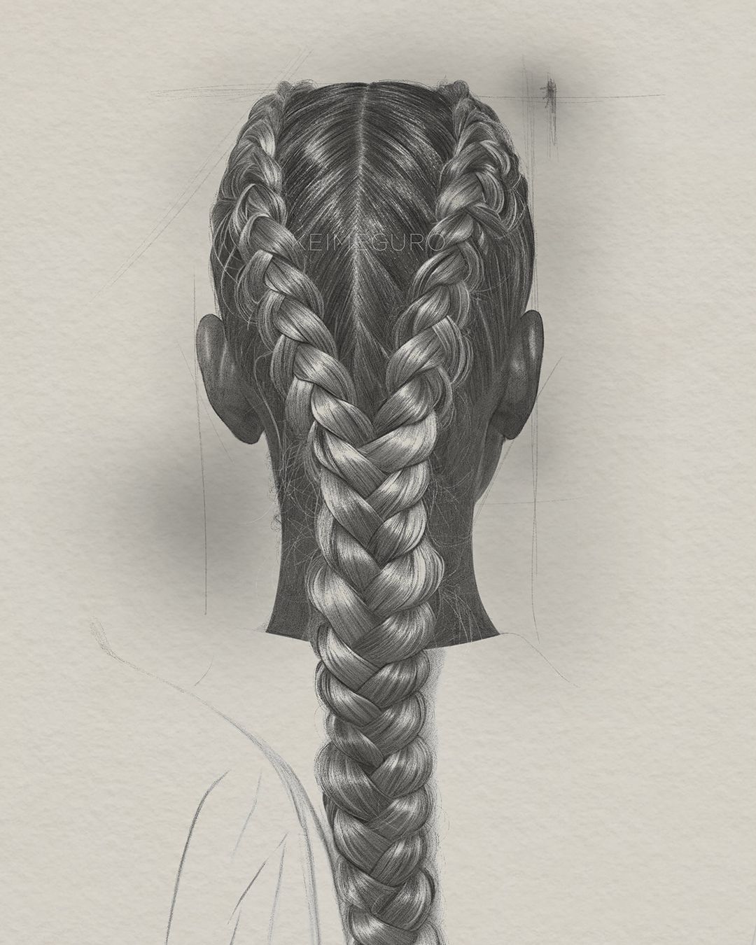 Illustration of the back of a person's head with two long, thick braids against a light background, showcasing detailed hair texture.
