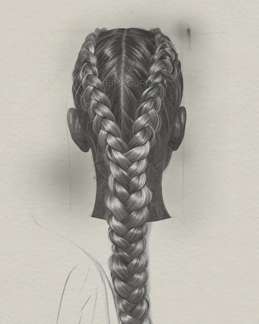 Illustration of the back of a person's head with two long, thick braids against a light background, showcasing detailed hair texture.